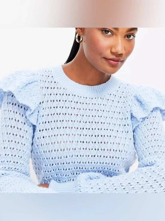 LOFT Pastel Blue Shoulder Ruffle Open Knit Sweater Size - Picture 2 of 9